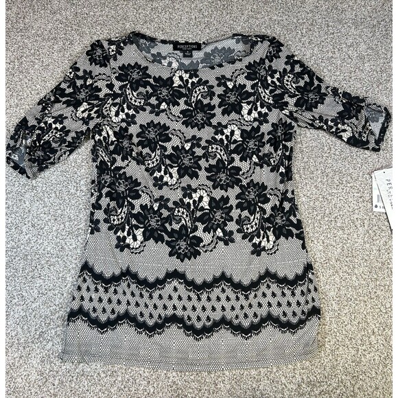 Perceptions New York Tops - NWT Perceptions New York Blouse Sz 8 Ruffles Chantilly Lace Pattern Black/white